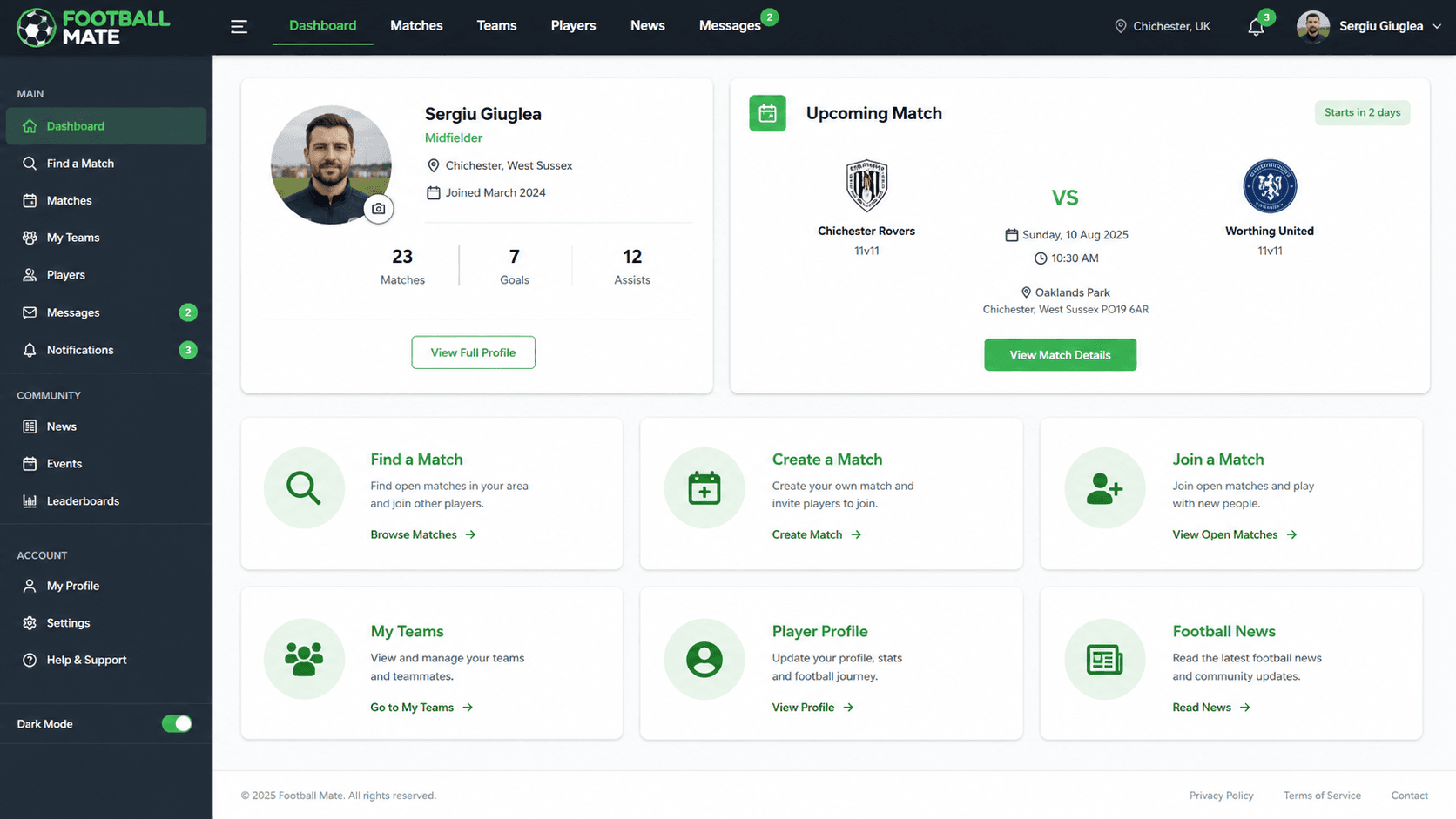 Football Mate main dashboard